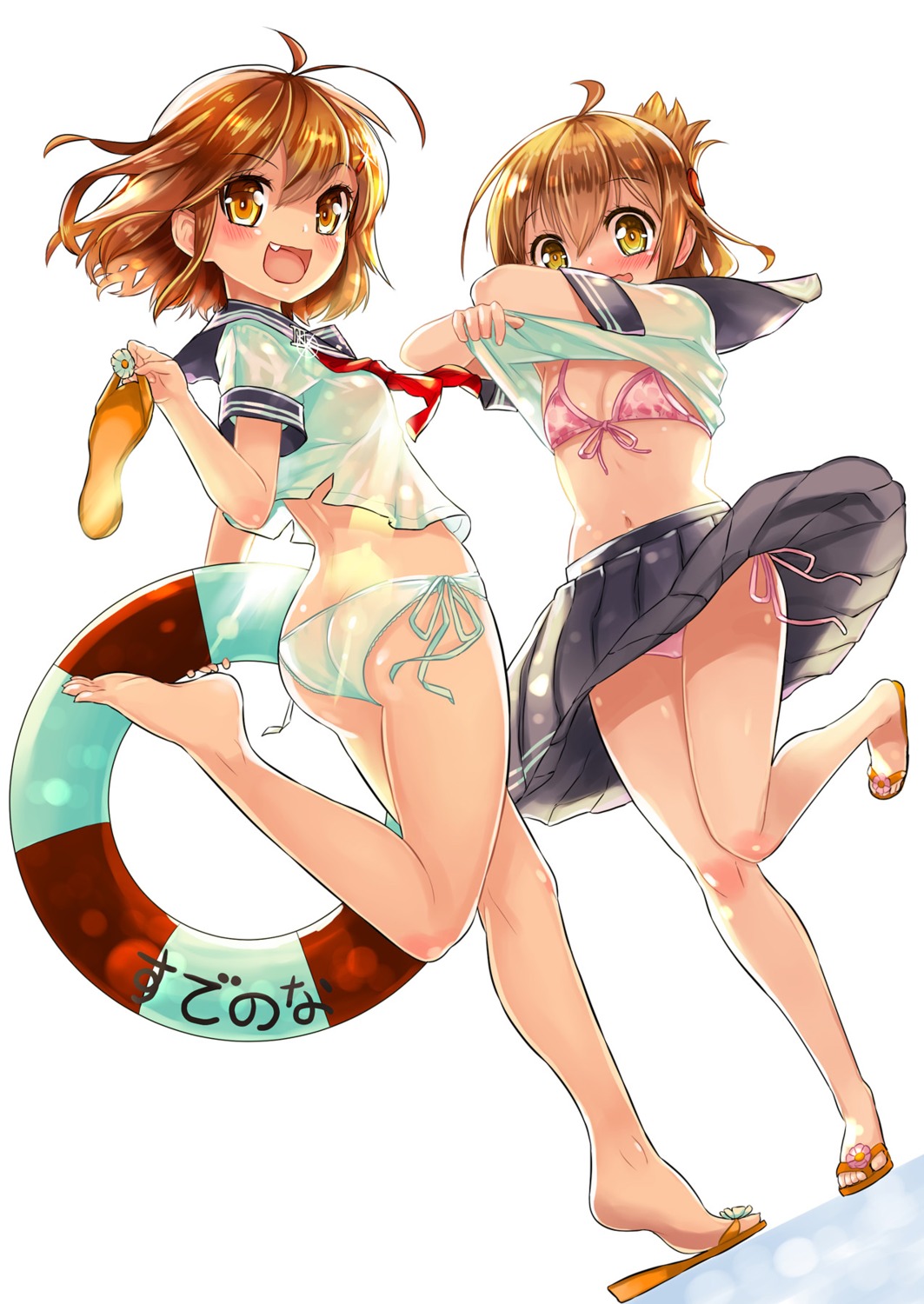 bikini ikazuchi_(kancolle) inazuma_(kancolle) kanipanda kantai_collection seifuku swimsuits undressing