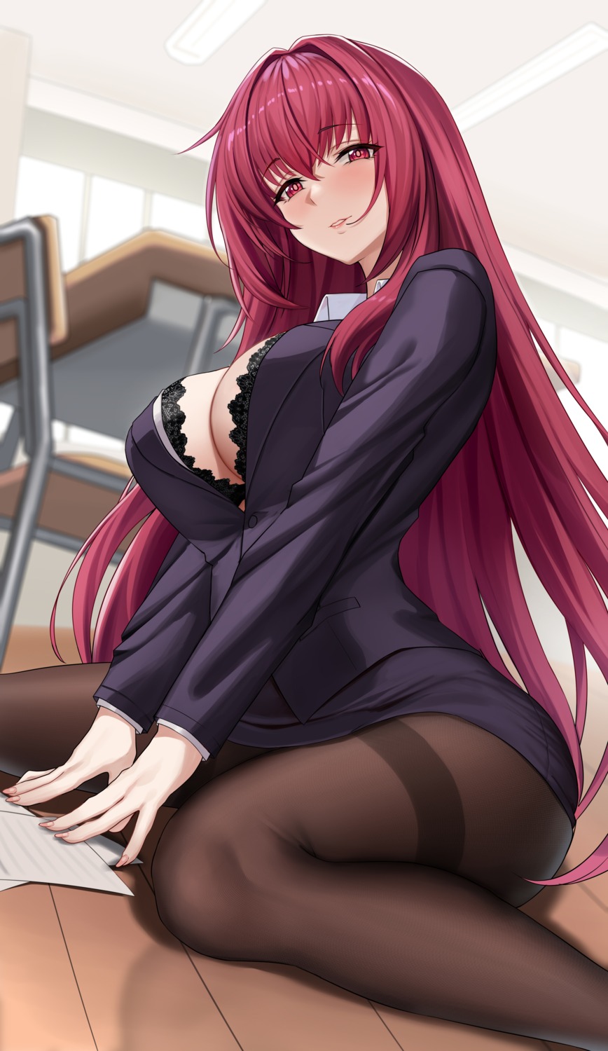 bra business_suit cleavage fate/grand_order open_shirt pantyhose piukute062 scathach_(fate/grand_order)