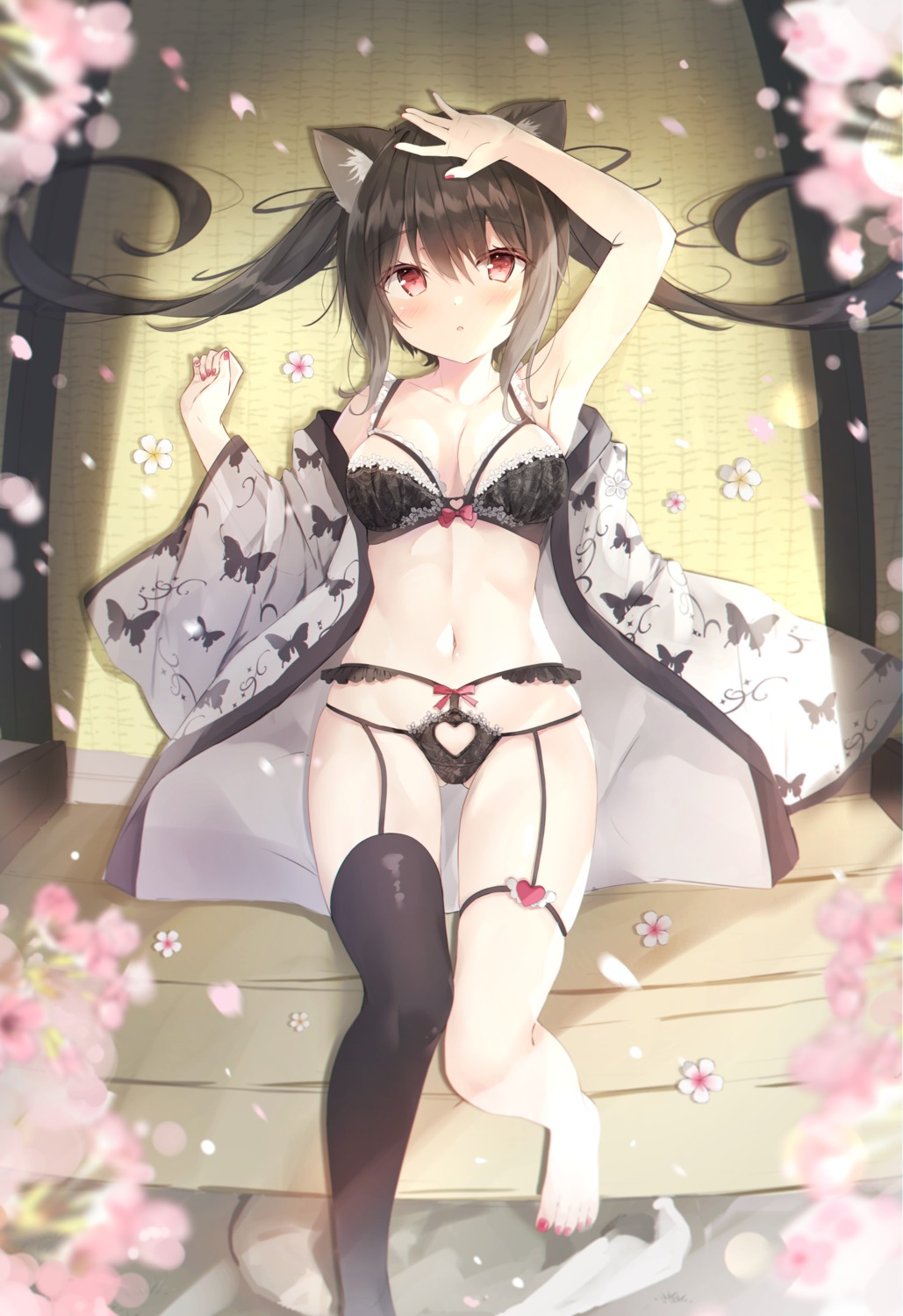 animal_ears bra garter garter_belt japanese_clothes lingerie nekomimi open_shirt pantsu saeki_sola stockings thighhighs