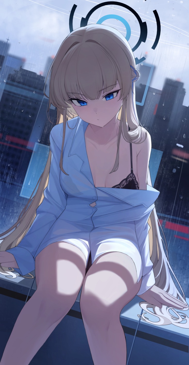 asuma_toki blue_archive bra dress_shirt halo open_shirt pang-yo see_through wardrobe_malfunction