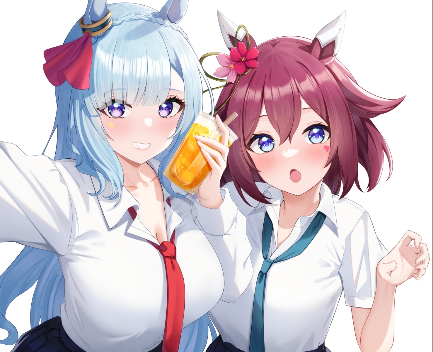 animal_ears cleavage kanno_esuto mejiro_ardan_(umamusume) sakura_chiyono_o_(umamusume) seifuku selfie uma_musume_pretty_derby