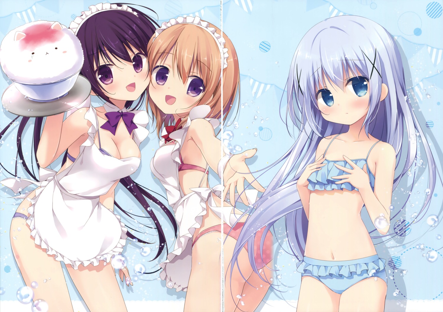 ass bikini breast_hold brown_sugar cleavage fixme gap gochuumon_wa_usagi_desu_ka? hoto_cocoa kafuu_chino maid miyasaka_nako swimsuits tedeza_rize