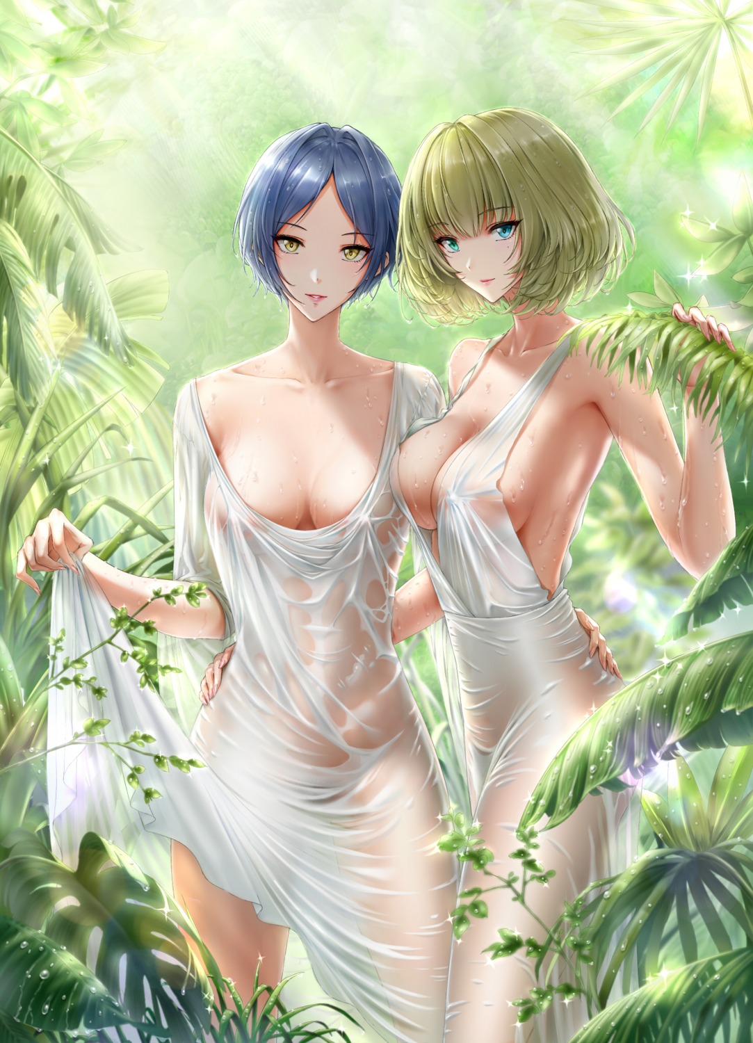 de_mo_ne dress hayami_kanade heterochromia no_bra nopan see_through skirt_lift takagaki_kaede the_idolm@ster the_idolm@ster_cinderella_girls wet wet_clothes