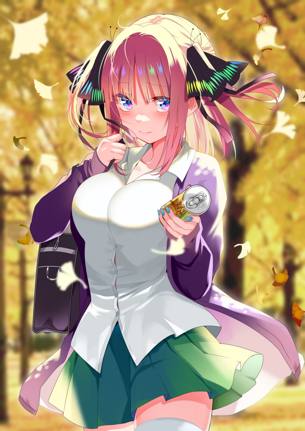 5-toubun_no_hanayome nakano_nino piyopoyo seifuku skirt_lift sweater thighhighs