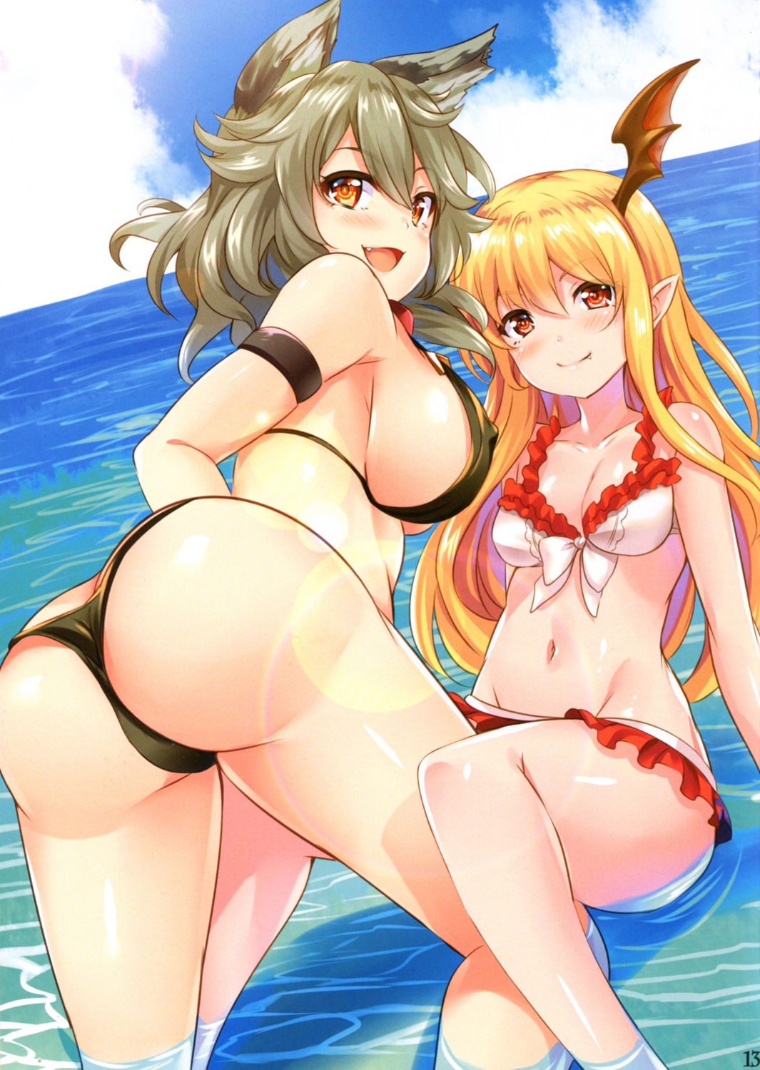 animal_ears ass bikini cleavage granblue_fantasy hinata_sora pointy_ears sochikochi swimsuits vampy_(shingeki_no_bahamut) wet wings