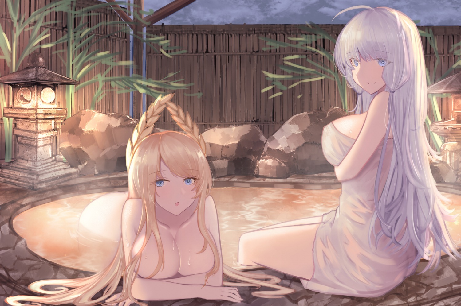 ass azur_lane breast_hold naked onsen siu_(siu0207) towel wet