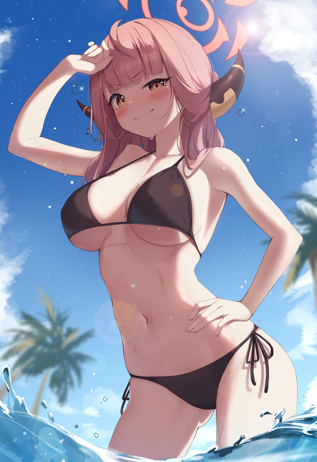 bikini bitseon blue_archive halo horns rikuhachima_aru swimsuits wet