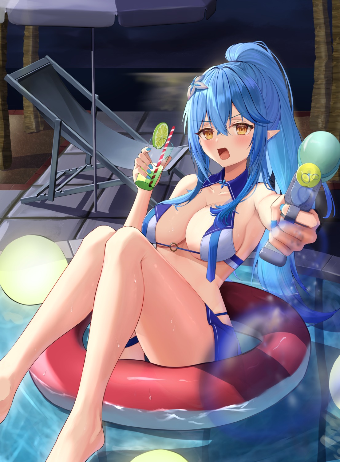 bikini elf garter gun hololive pointy_ears skirt_lift suiran_(liquiddoes) swimsuits wet yukihana_lamy