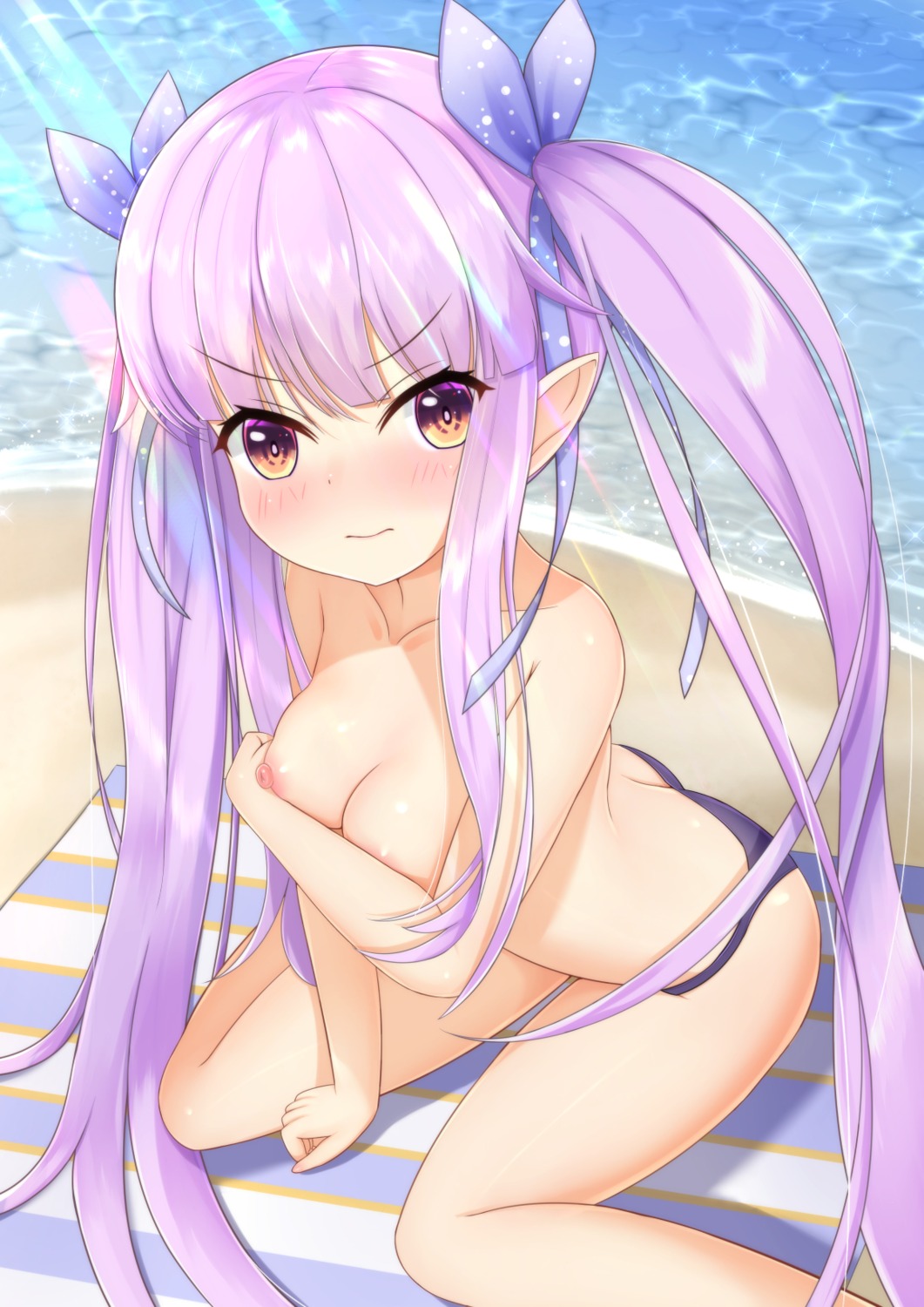 bikini breast_hold hikawa_kyouka nc731 nipples pointy_ears princess_connect princess_connect!_re:dive swimsuits topless