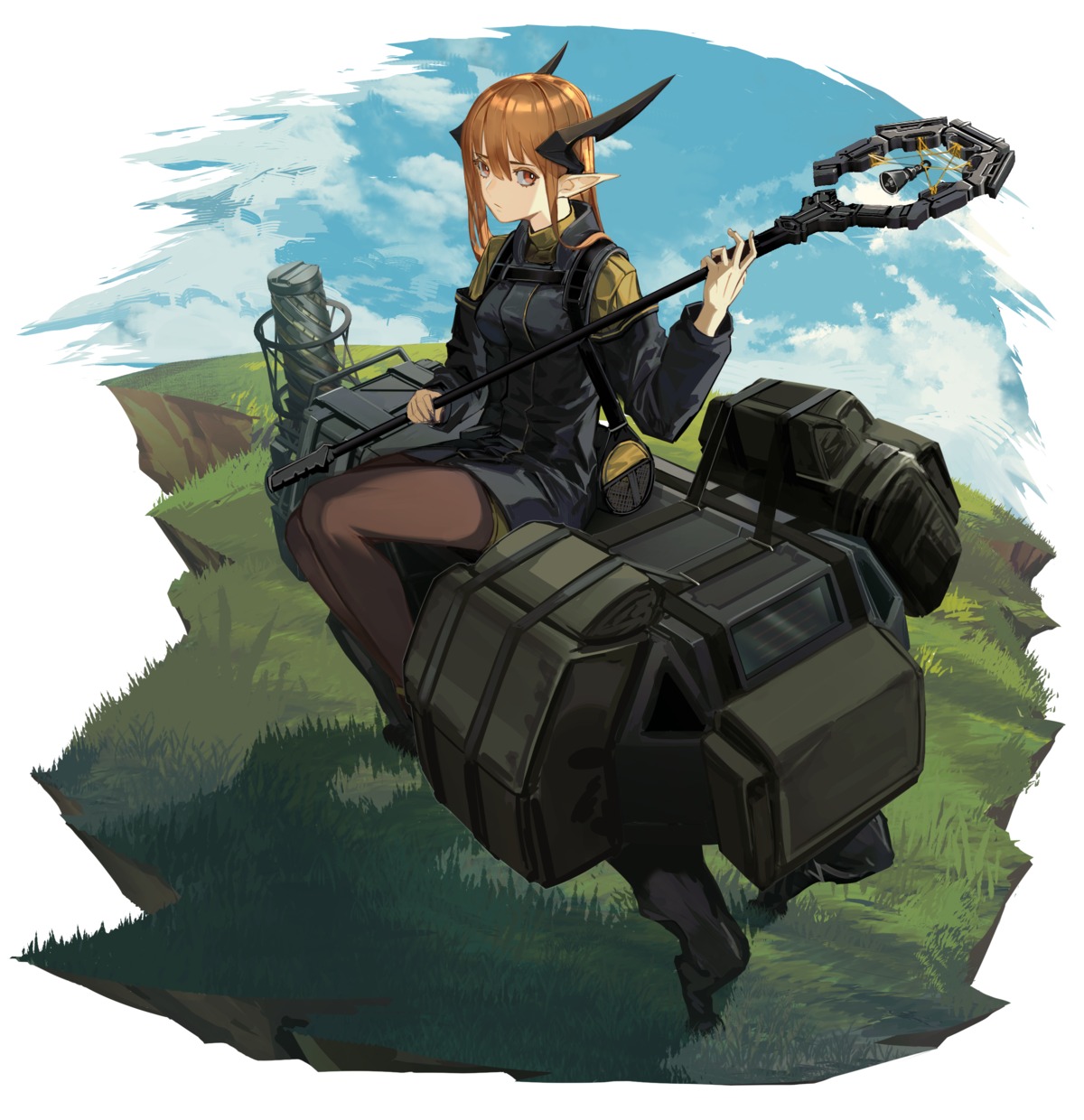 horns pantyhose pointy_ears uniform weapon
