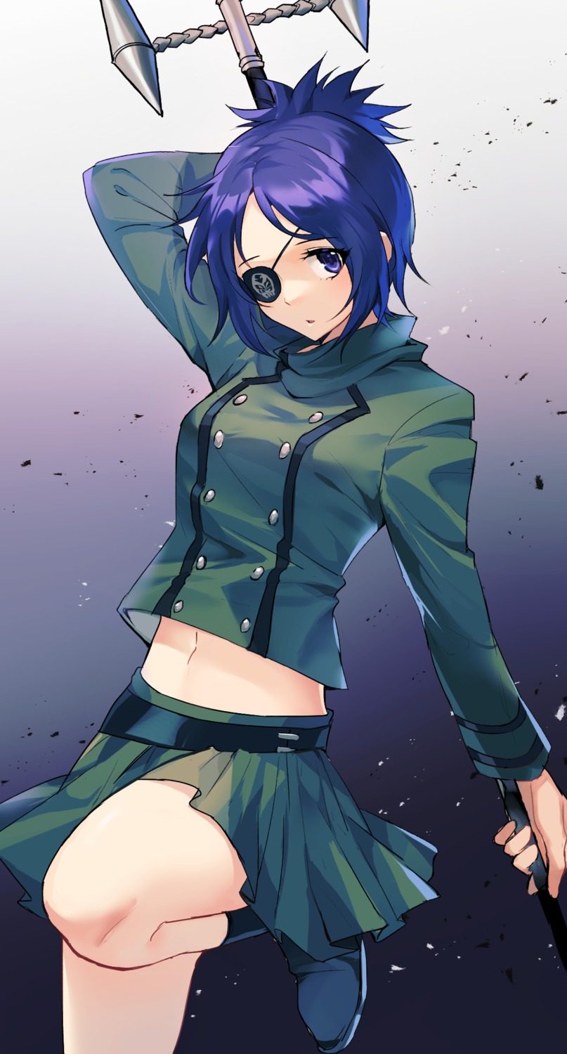 akitsuki_(oenothera) eyepatch skirt_lift uniform weapon