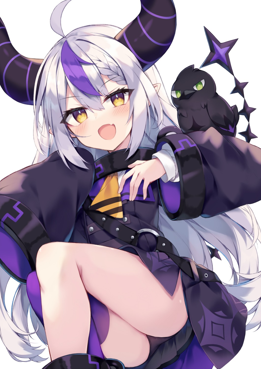 crow_(la+_darknesss) hololive horns la+_darknesss nibiiro_shizuka pantsu pointy_ears skirt_lift thighhighs