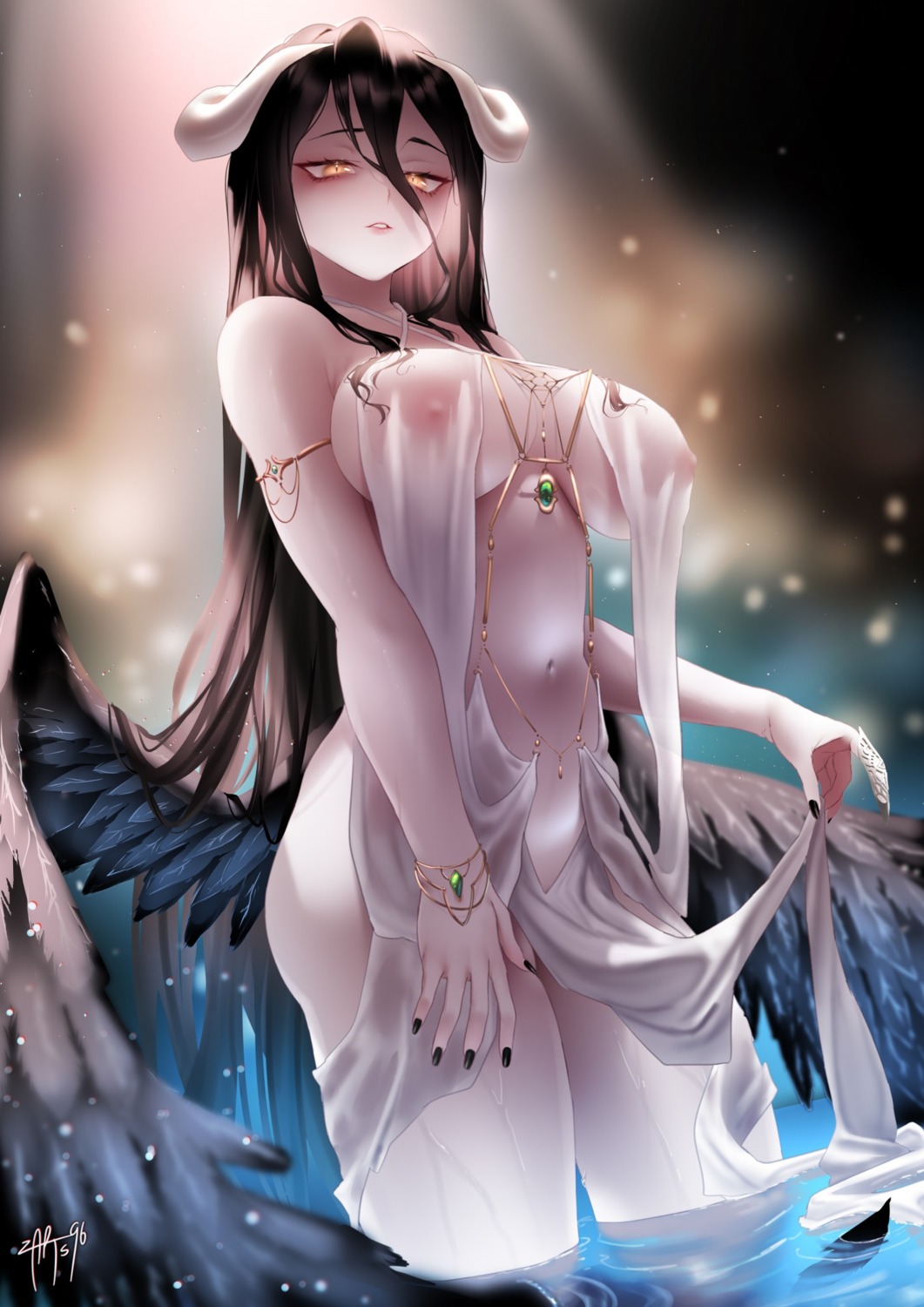 albedo_(overlord) dress horns nipples overlord see_through wings zasshu