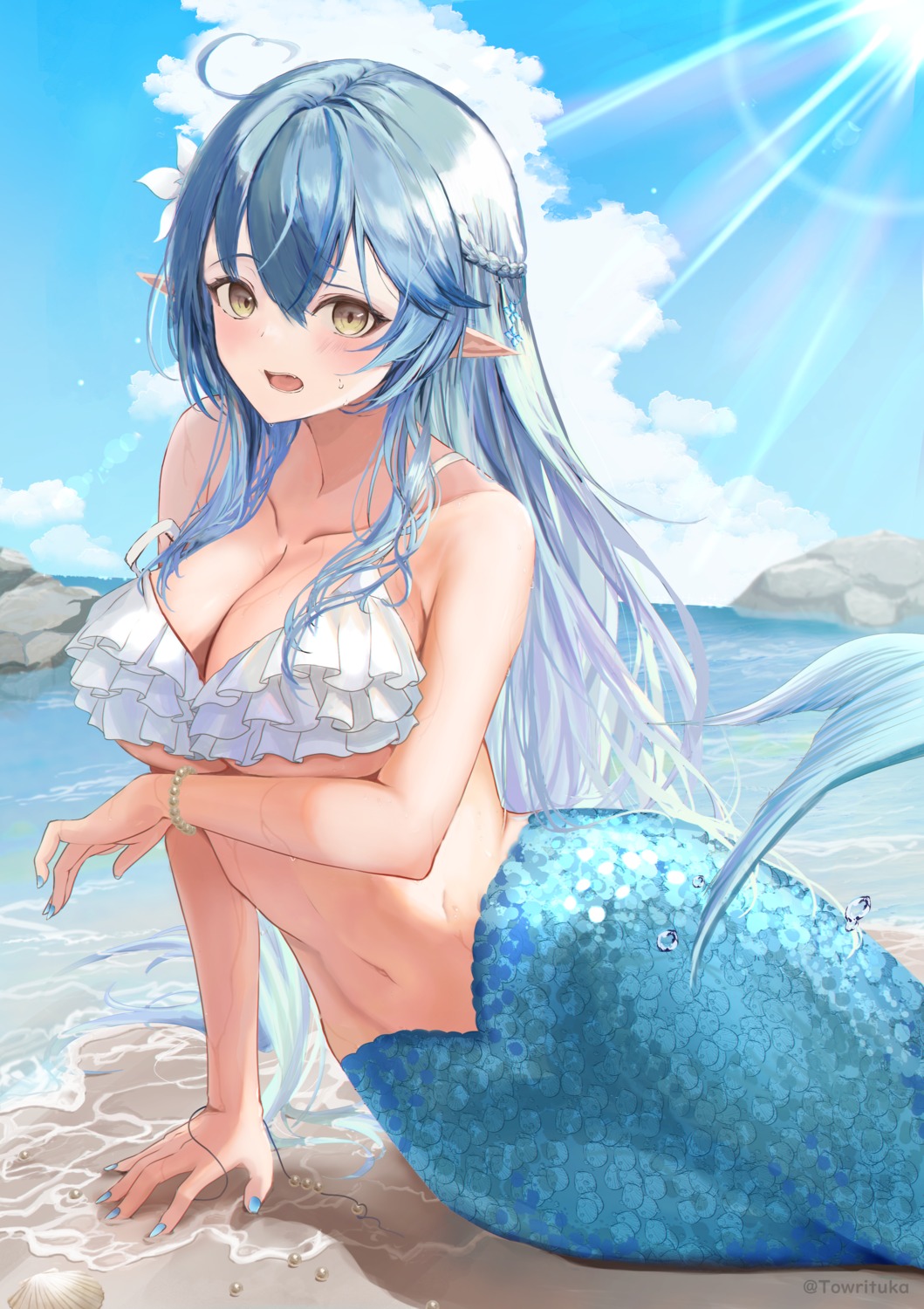 bikini_top elf hololive mermaid monster_girl pointy_ears swimsuits tail towrituka yukihana_lamy