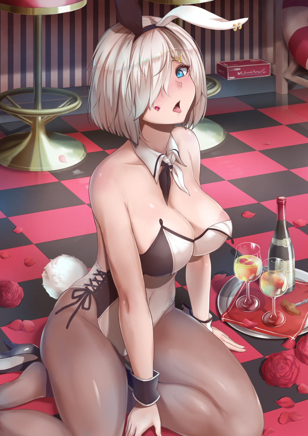 animal_ears areola bunny_ears bunny_girl hamakaze_(kancolle) kantai_collection no_bra pantyhose tail yamataka