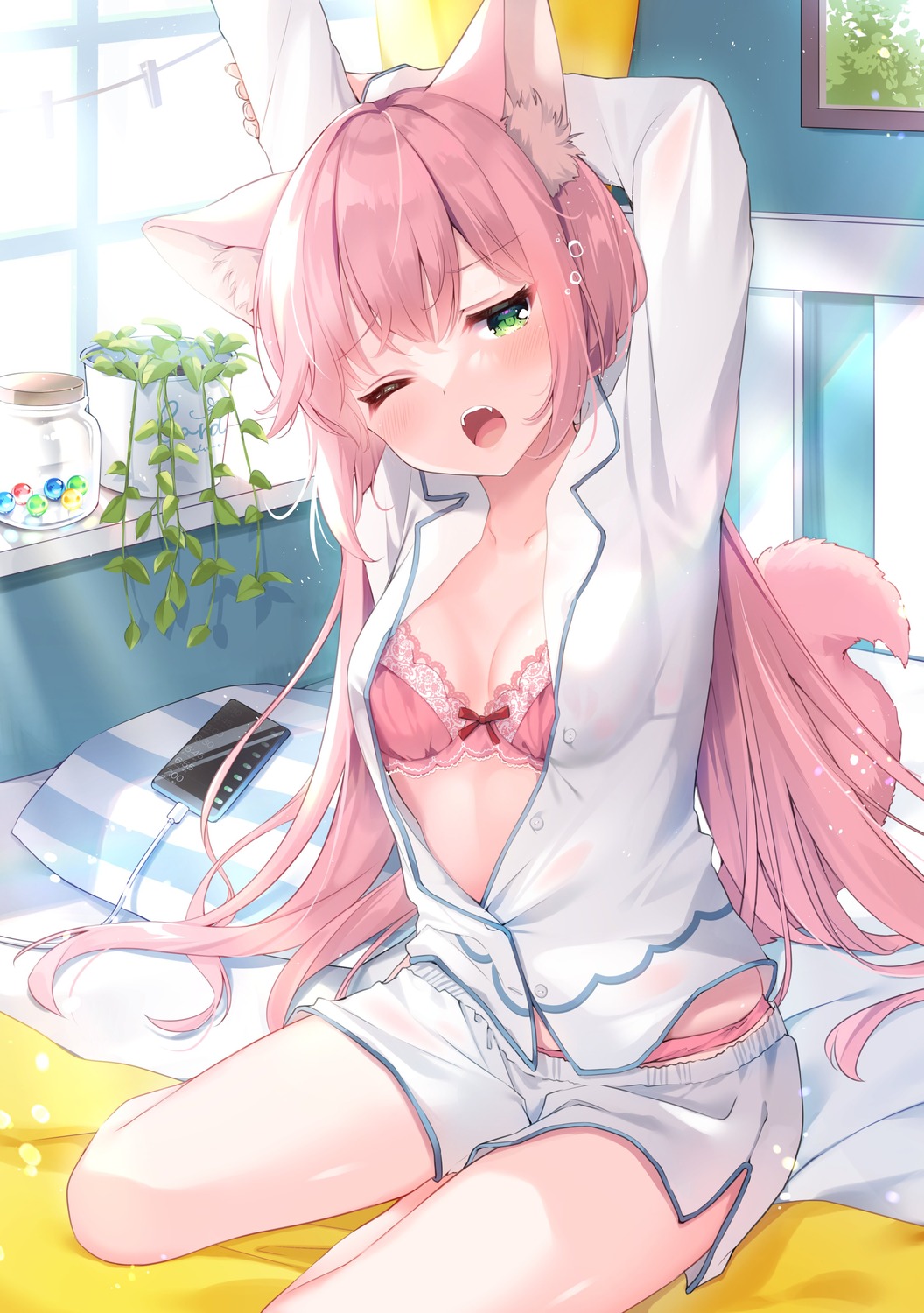 animal_ears bra koiko_irori mia_(koiko_irori) nekomimi open_shirt pajama tail