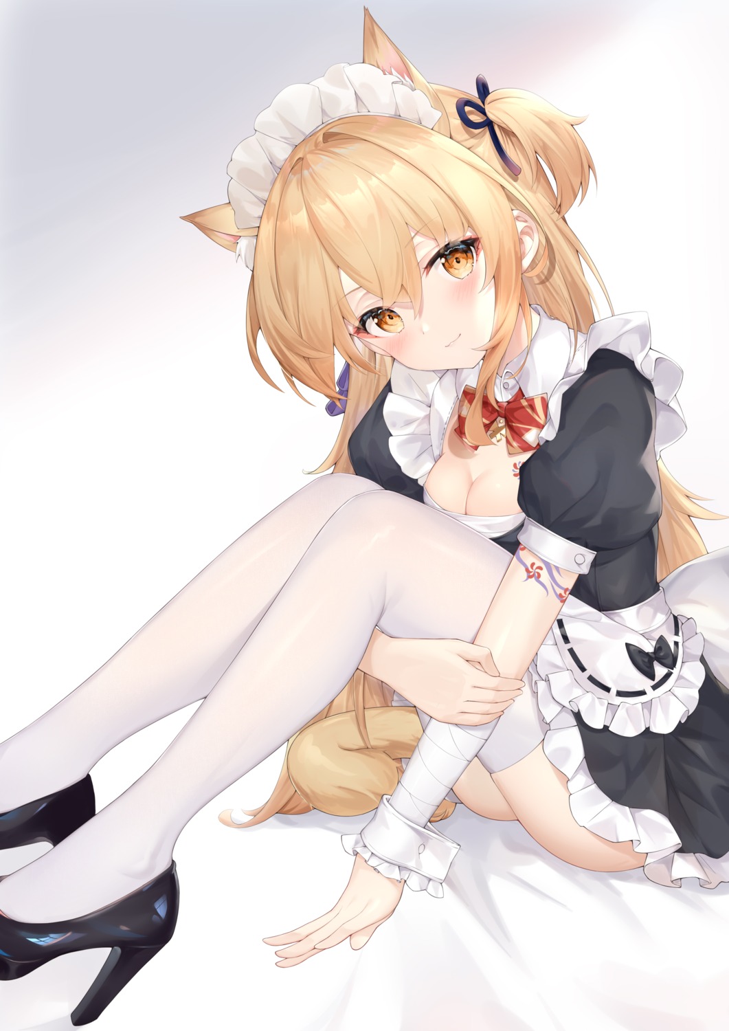 animal_ears genshin_impact heels kuroida maid skirt_lift tail thighhighs yoimiya