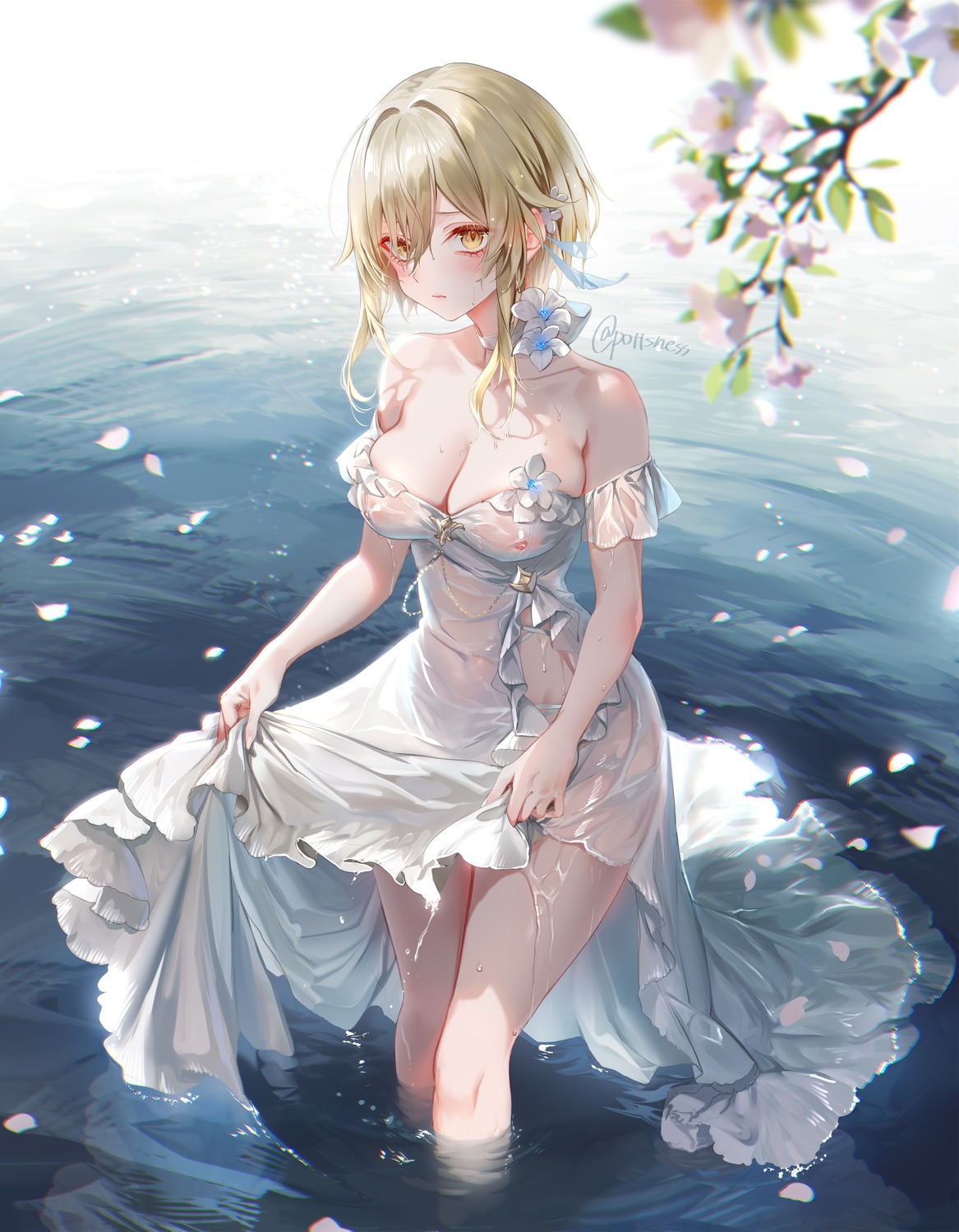 dress genshin_impact lumine nipples no_bra pottsness see_through skirt_lift wedding_dress wet wet_clothes