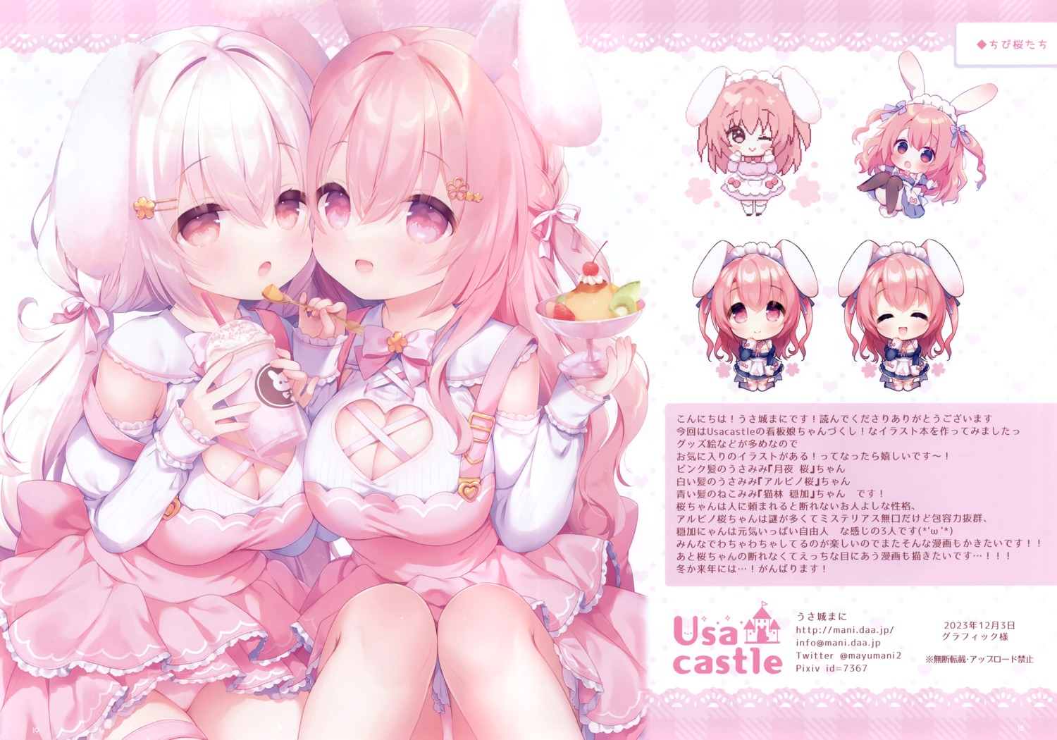 animal_ears bunny_ears chibi cleavage dress garter maid pantsu skirt_lift symmetrical_docking tail usacastle usashiro_mani