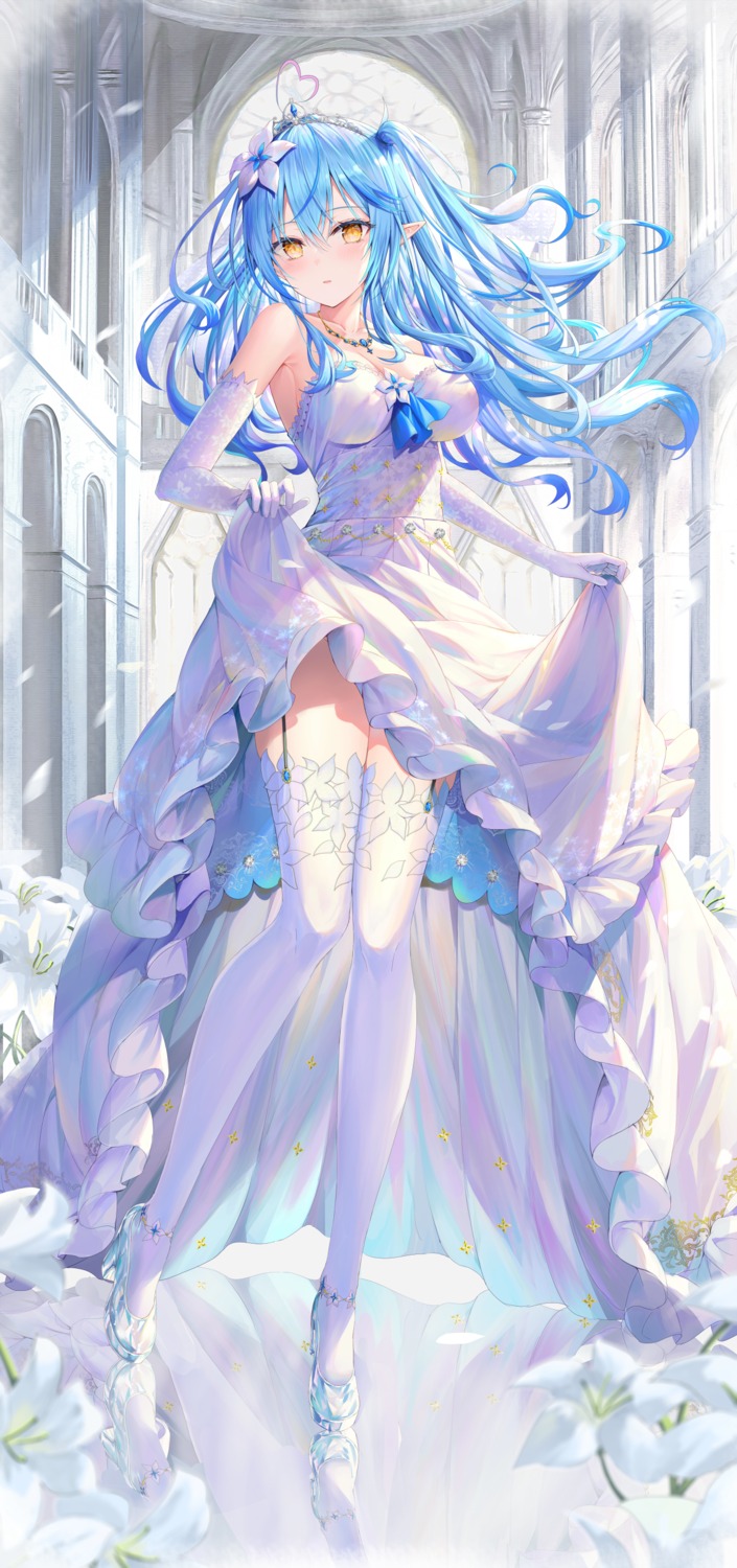 dress elf heels hololive pointy_ears rin_yuu skirt_lift stockings thighhighs wedding_dress yukihana_lamy