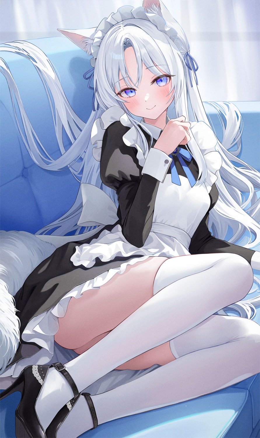 animal_ears funii heels maid skirt_lift tail thighhighs