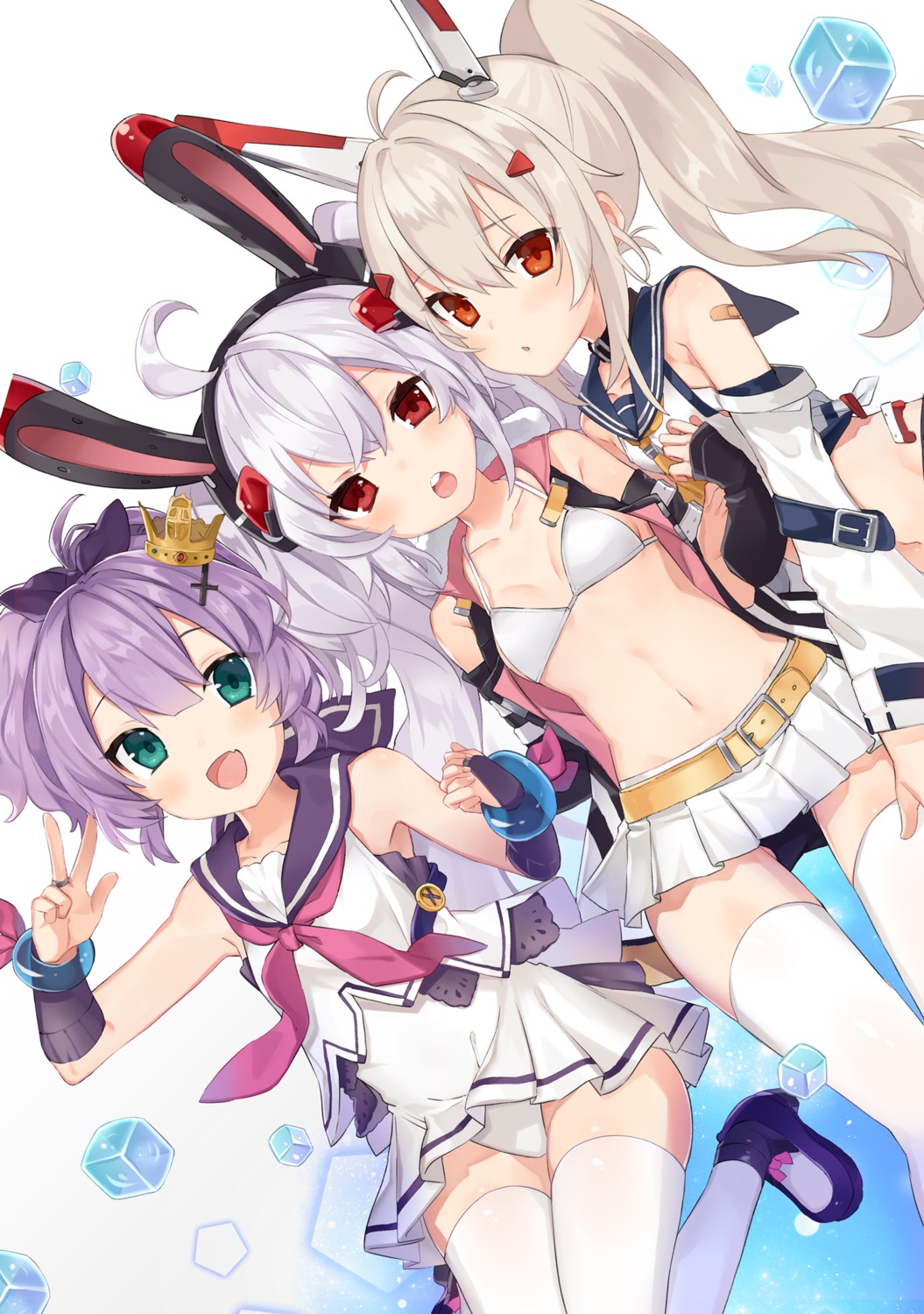 animal_ears ayanami_(azur_lane) azur_lane bandaid bikini_top bunny_ears cleavage heels javelin_(azur_lane) laffey_(azur_lane) orqz pantsu seifuku skirt_lift swimsuits thighhighs