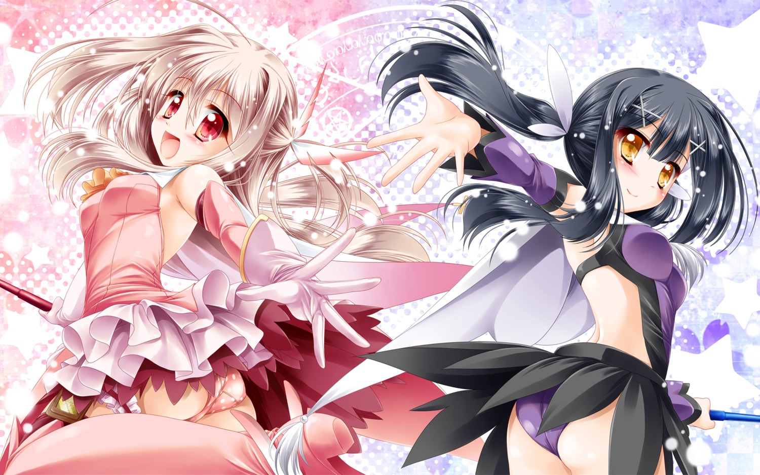 ass fate/kaleid_liner_prisma_illya fate/stay_night garter illyasviel_von_einzbern kamiya_tomoe miyu_edelfelt pantsu thighhighs wallpaper