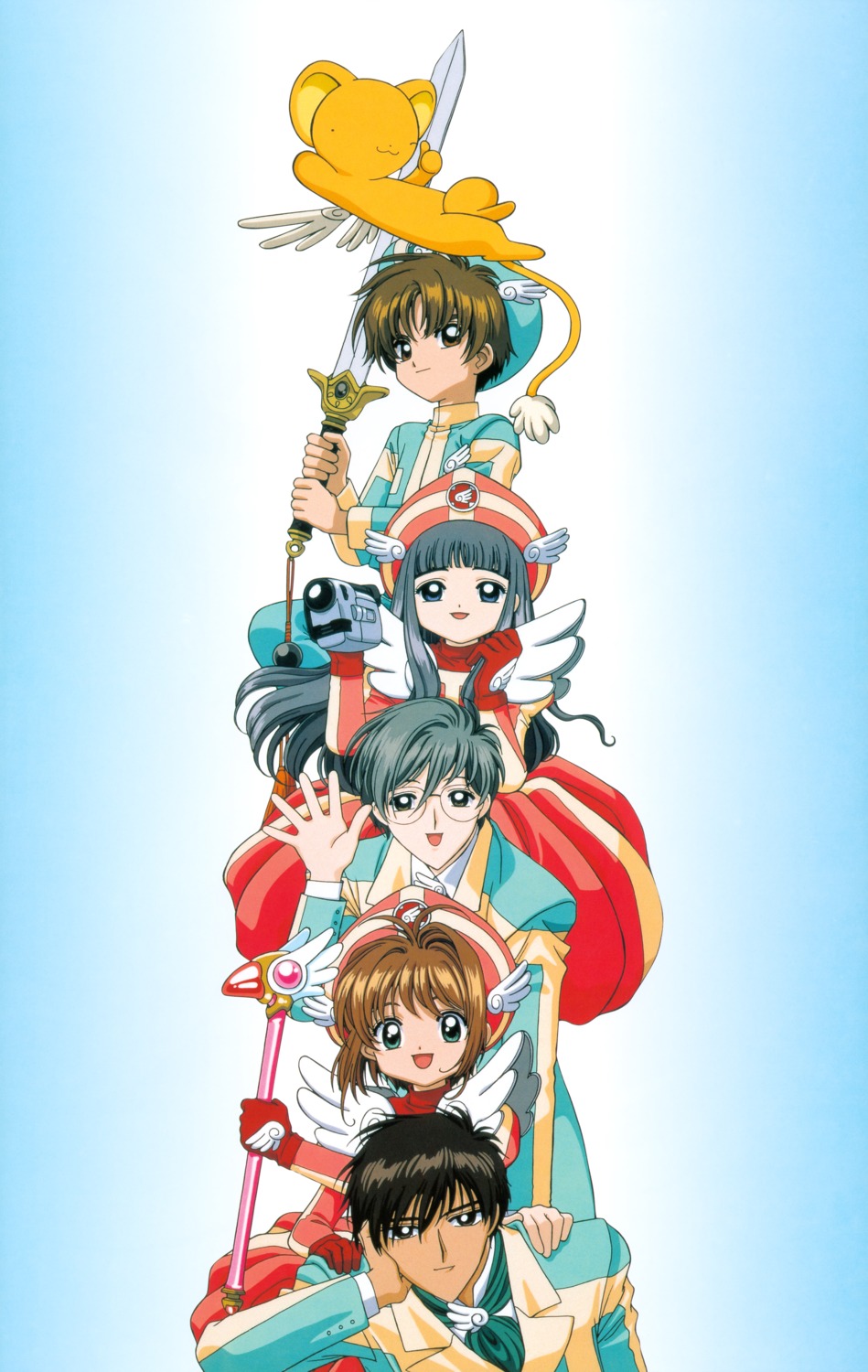 card_captor_sakura daidouji_tomoyo dress kerberos kinomoto_sakura kinomoto_touya li_syaoran madhouse takahashi_kumiko tsukishiro_yukito weapon wings