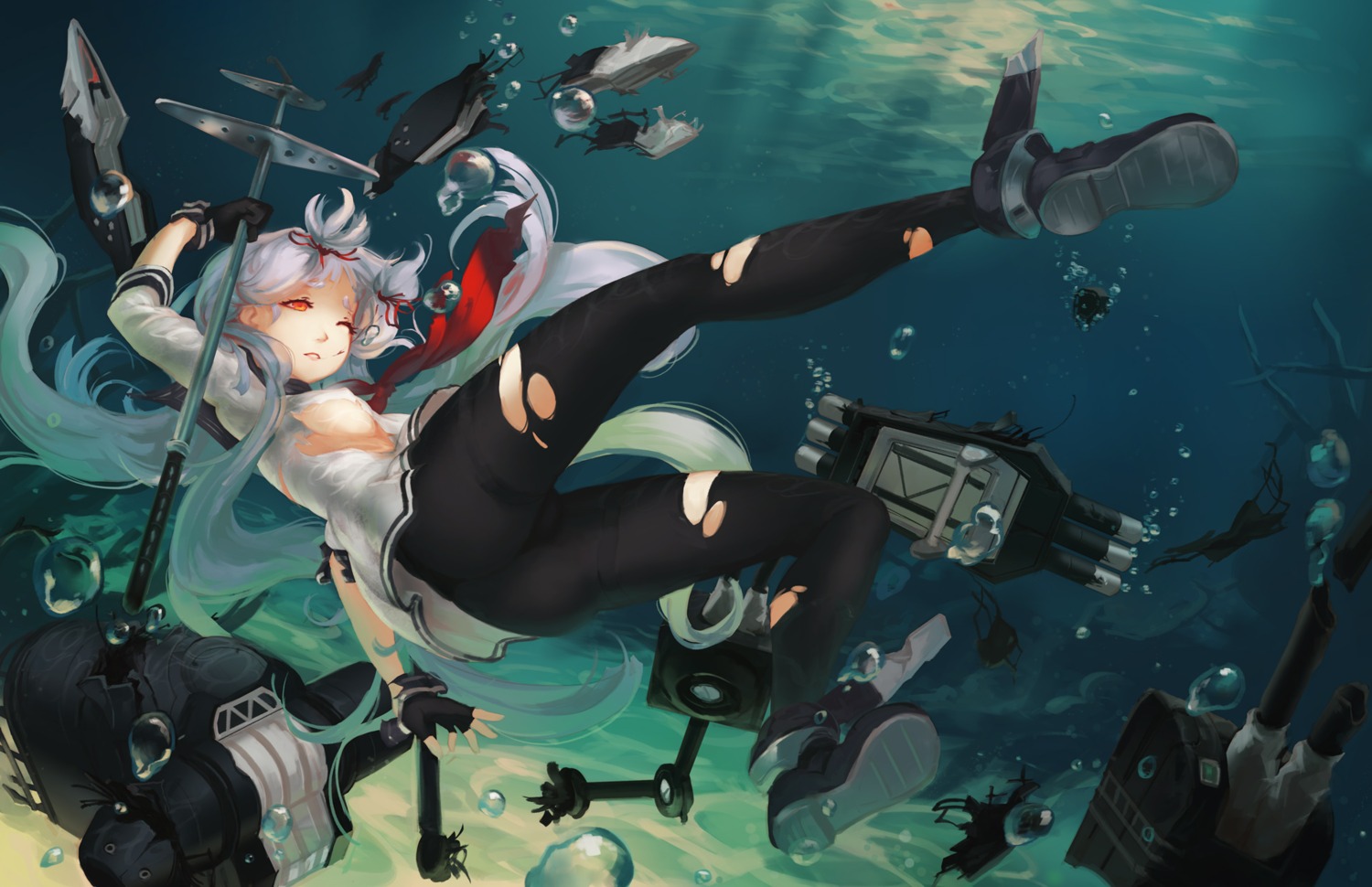 kantai_collection murakumo_(kancolle) pantyhose softmode torn_clothes underboob wet