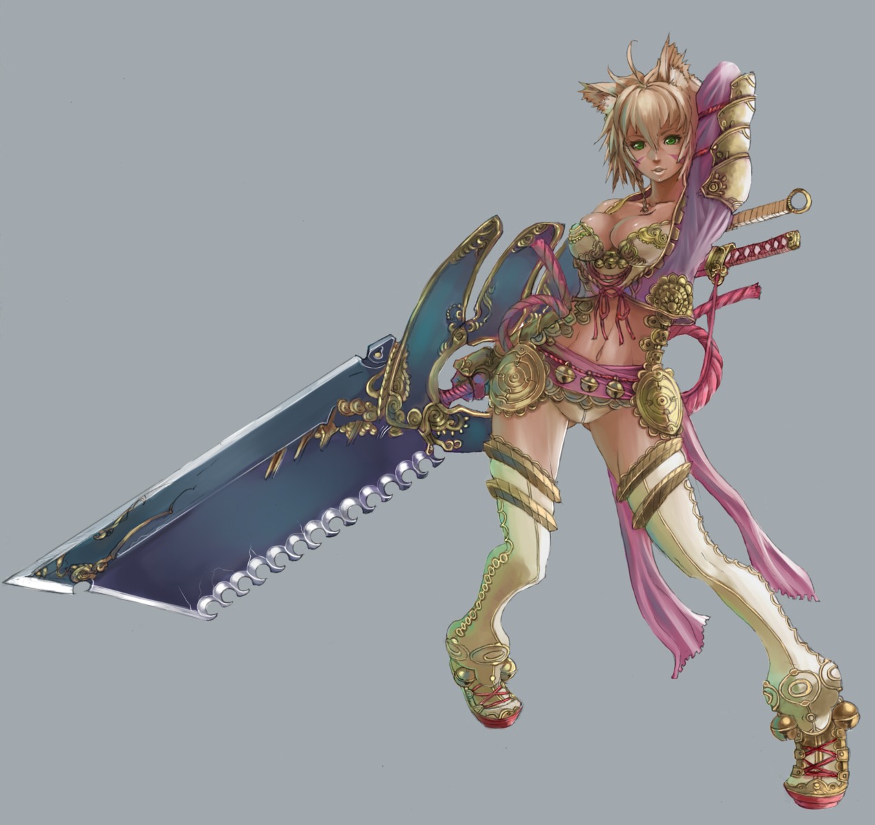 animal_ears armor cherokee cleavage sword thighhighs