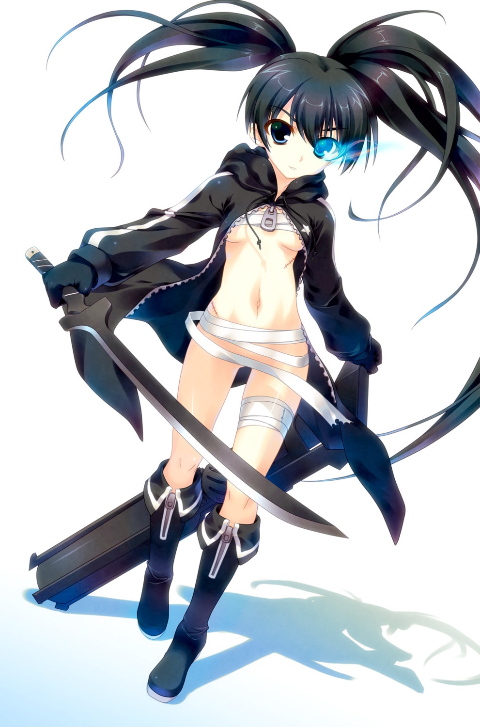 aoi_sora-maru bandages black_rock_shooter black_rock_shooter_(character) gun loli nopan sarashi sword underboob vocaloid