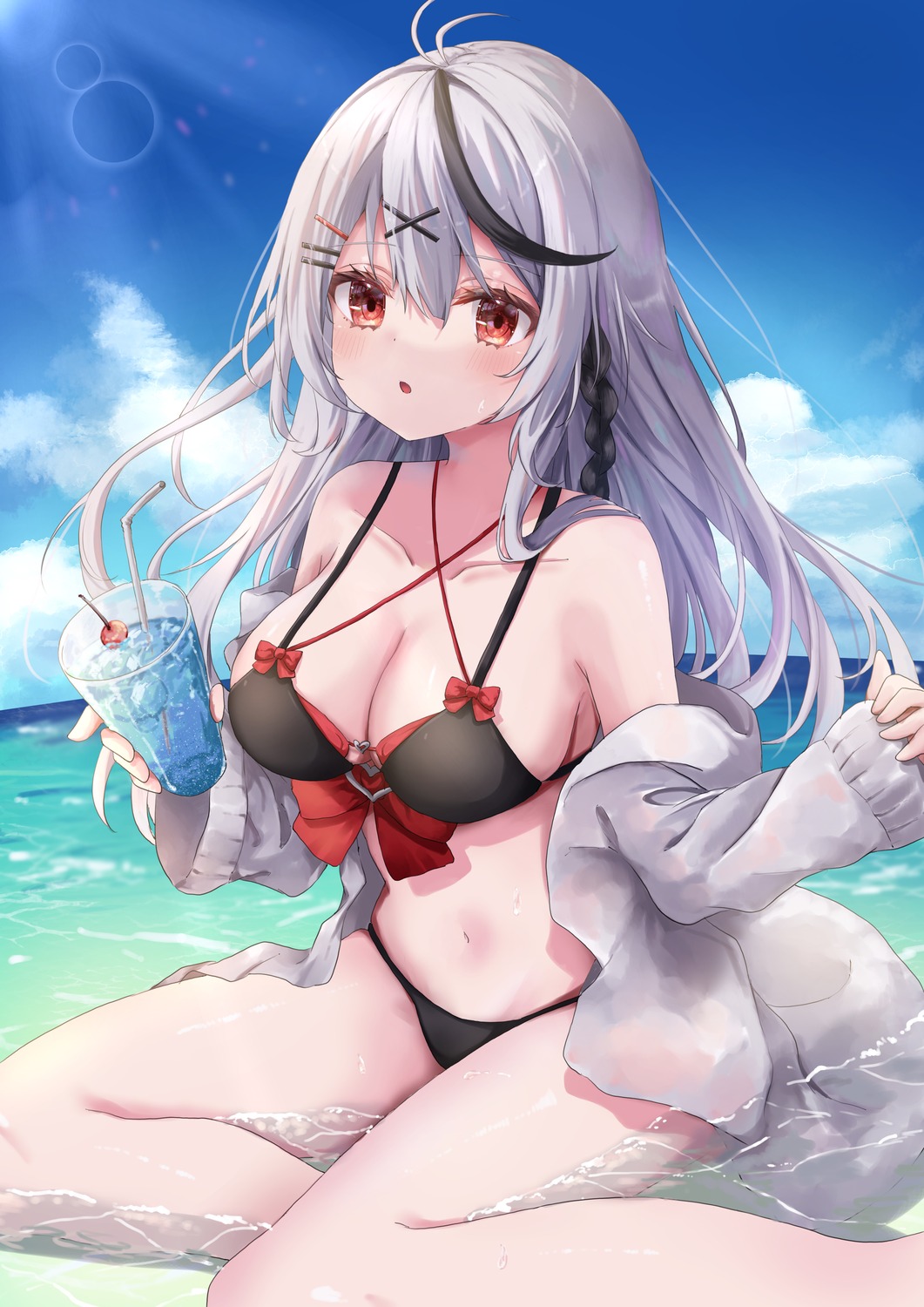 bikini hololive minarui open_shirt sakamata_chloe see_through swimsuits wet wet_clothes