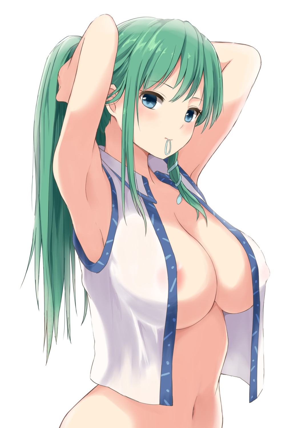 areola bottomless kochiya_sanae no_bra open_shirt see_through techi touhou