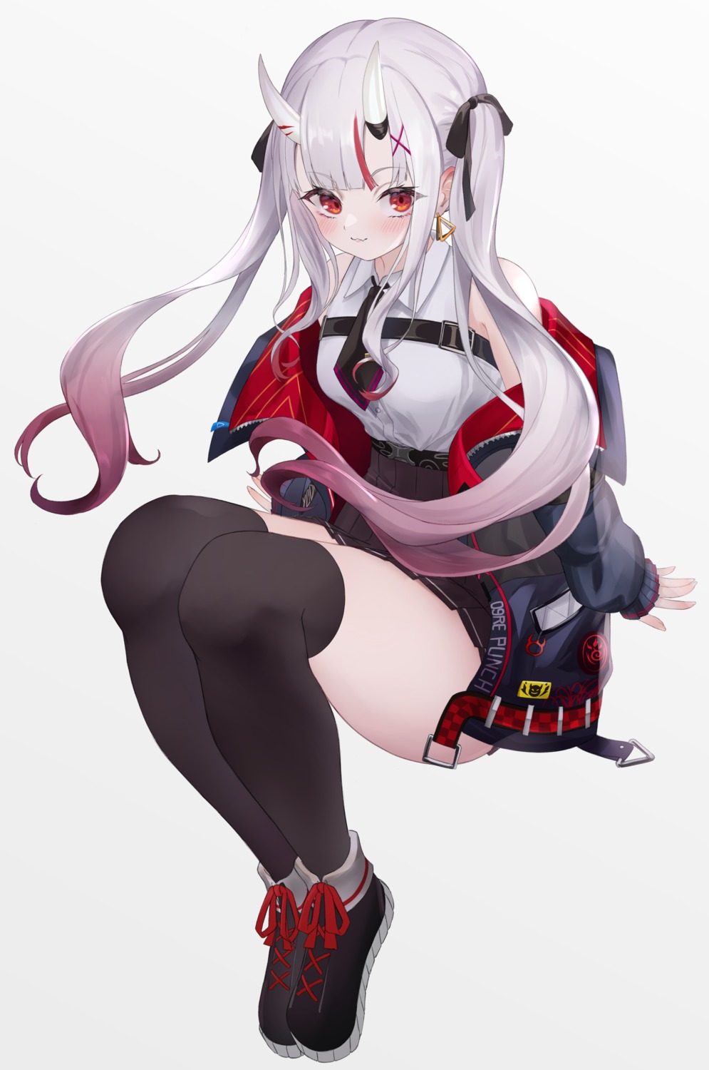 higashigure hololive horns nakiri_ayame skirt_lift thighhighs