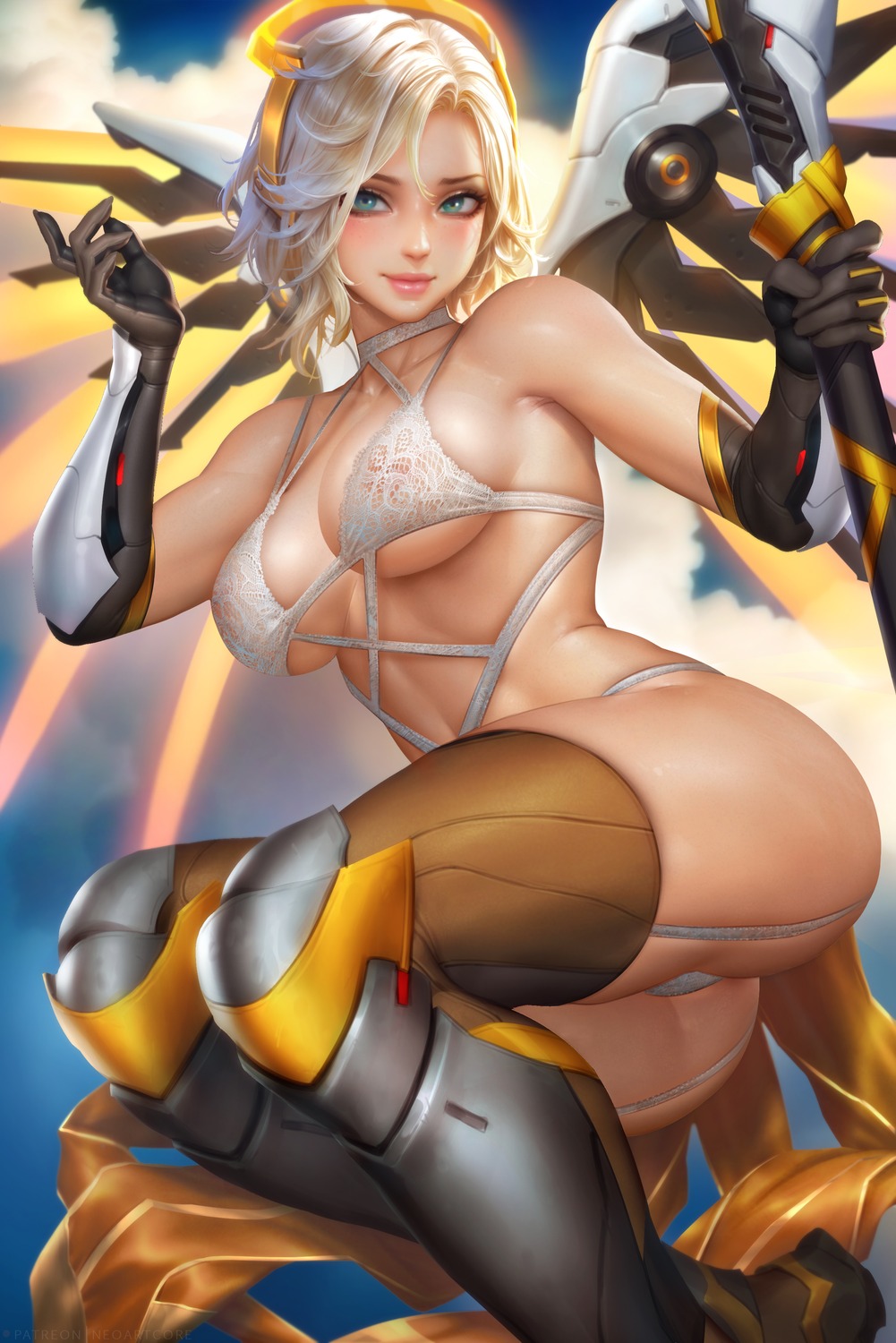 lingerie mercy_(overwatch) nudtawut_thongmai overwatch_2 stockings thighhighs wings