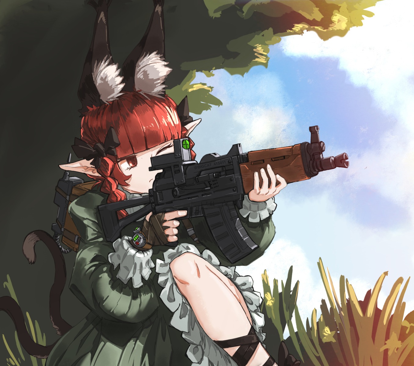 animal_ears bigcat_114514 dress gun kaenbyou_rin pointy_ears skirt_lift tail touhou