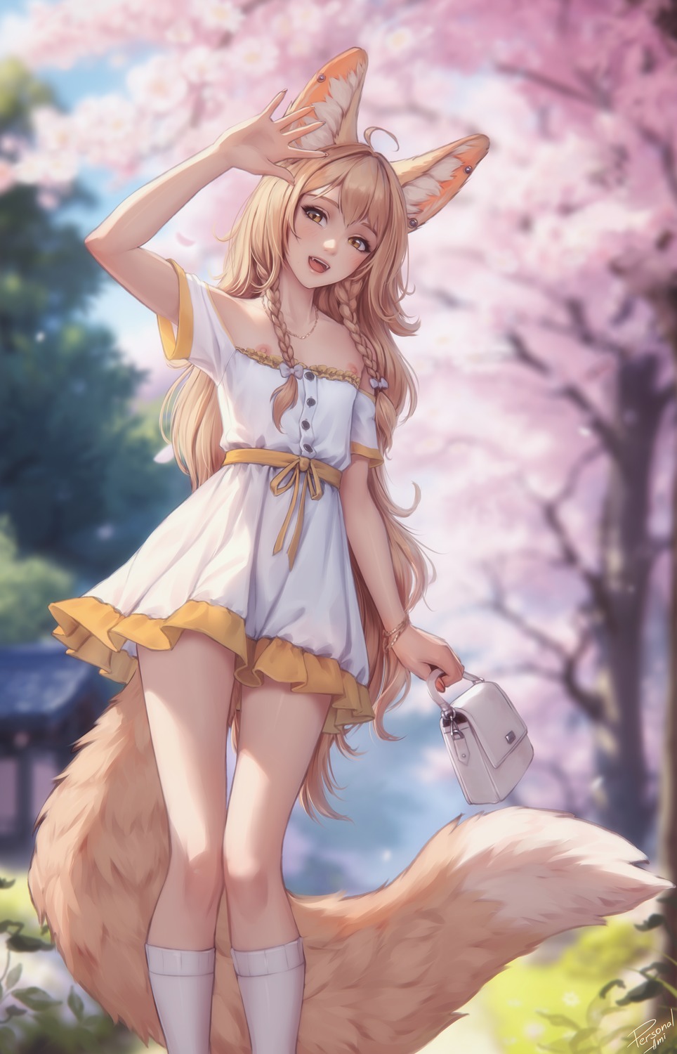 animal_ears dress kitsune nipples no_bra personal_ami summer_dress tail