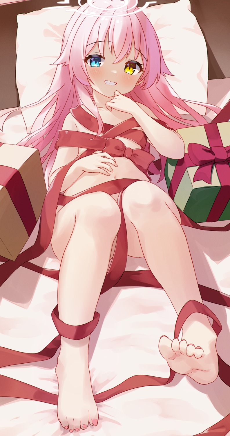 blue_archive christmas feet halo heterochromia loli naked_ribbon sakura_rii takanashi_hoshino