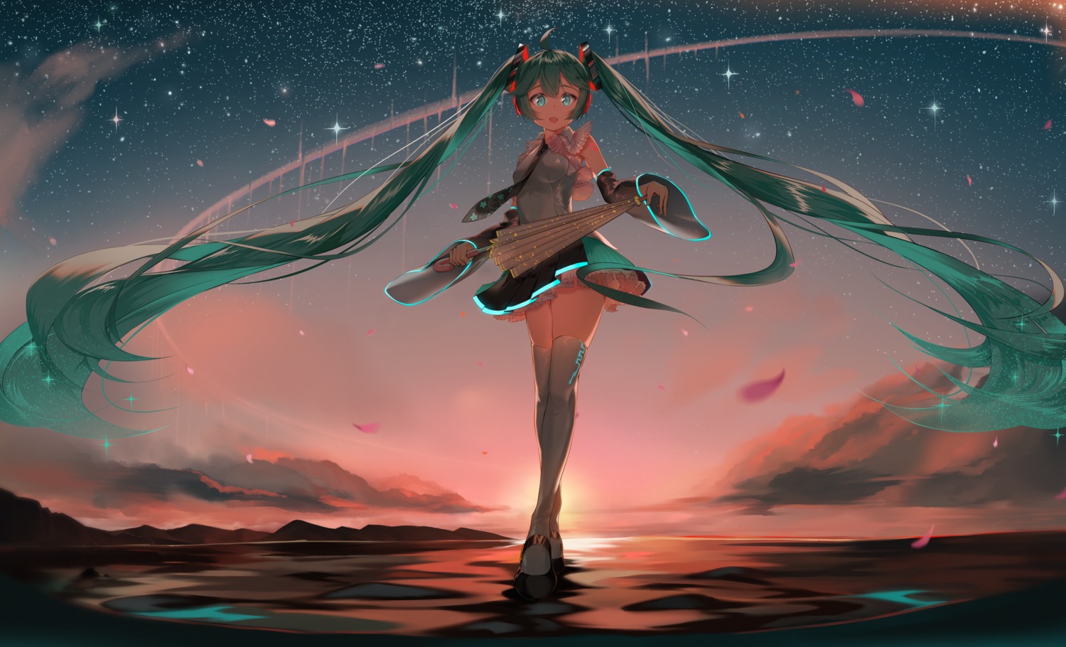 c-up hatsune_miku headphones skirt_lift tattoo thighhighs umbrella vocaloid