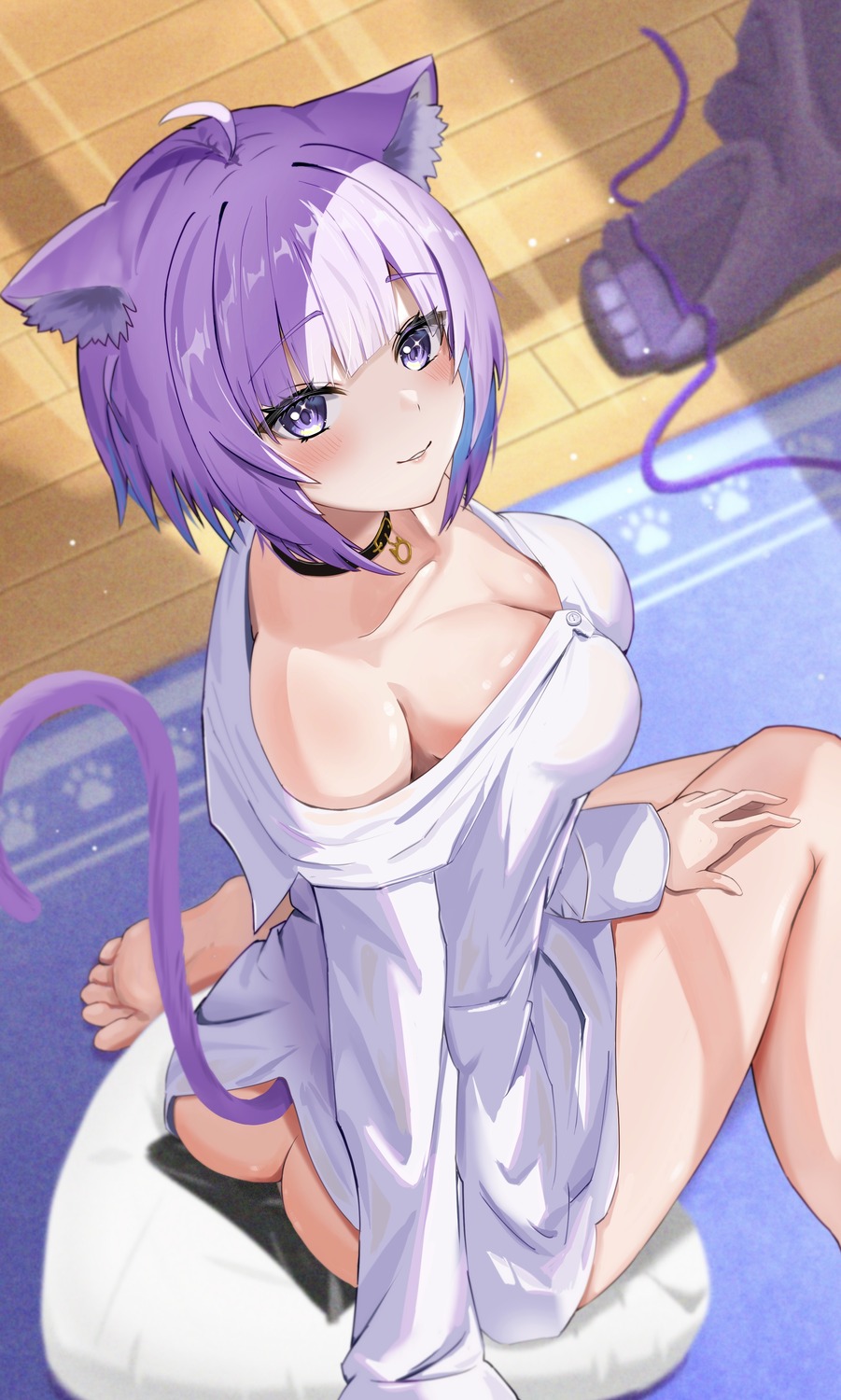 animal_ears ass bottomless dress_shirt hololive hololive_gamers nekomata_okayu nekomimi no_bra open_shirt tail torakichi_888