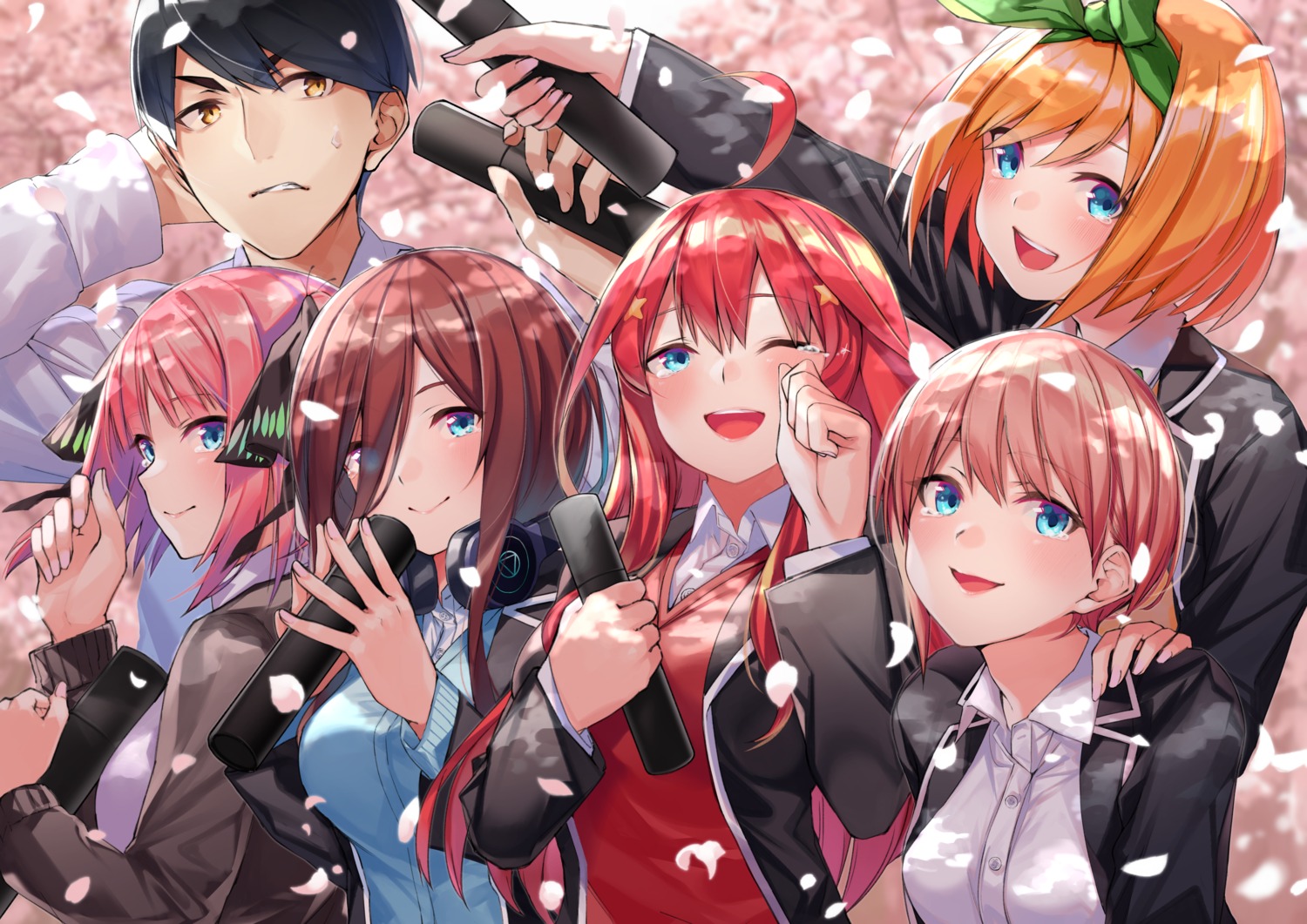 5-toubun_no_hanayome breast_hold hachiroku_(hatirokusann86) headphones nakano_ichika nakano_itsuki nakano_miku nakano_nino nakano_yotsuba seifuku sweater uesugi_fuutarou