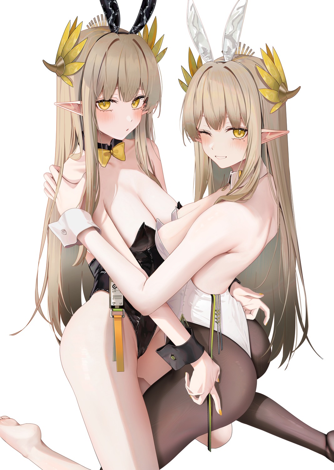 animal_ears arknights ass bunny_ears bunny_girl muelsyse no_bra pantyhose pointy_ears ru_zhai symmetrical_docking yuri