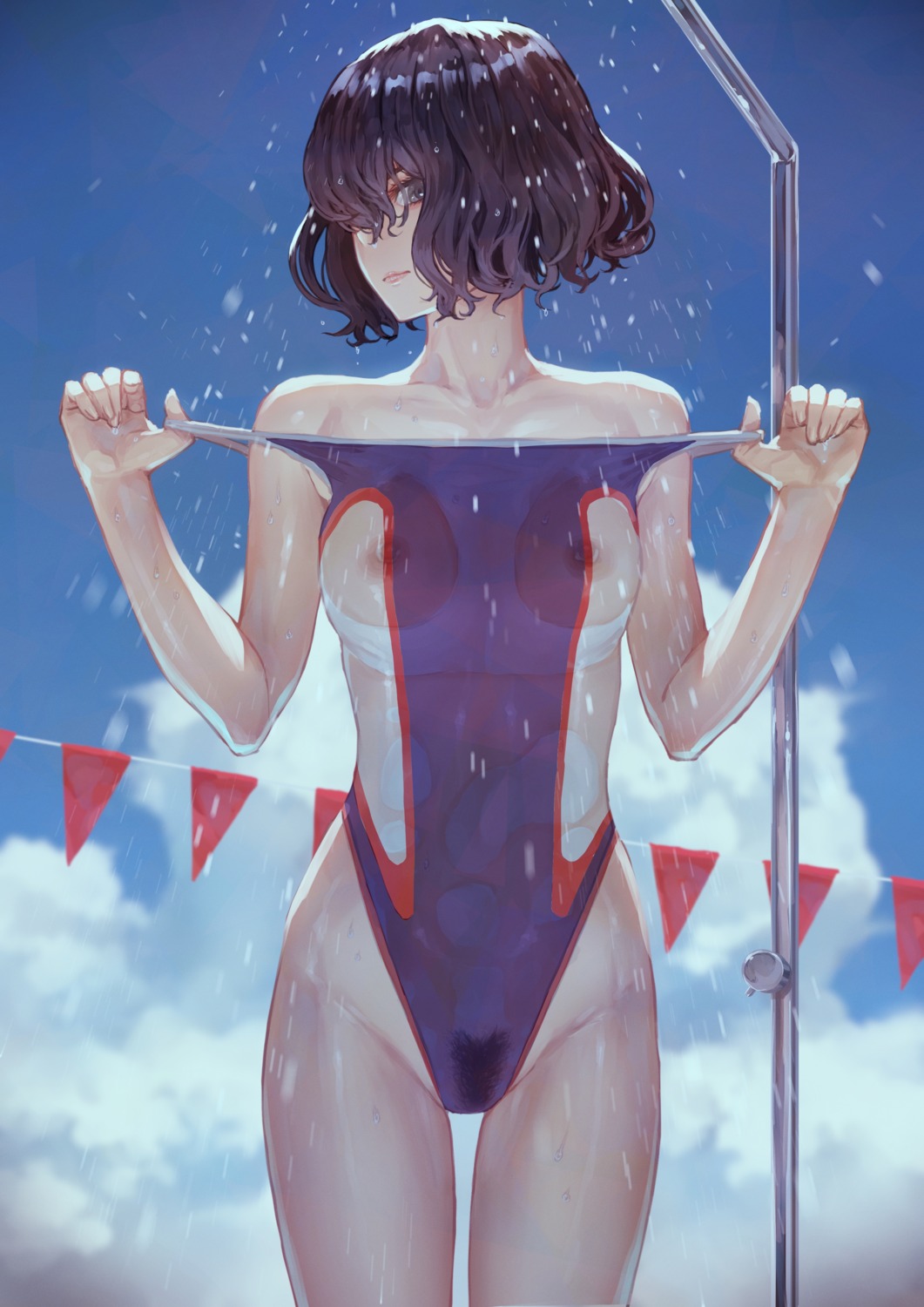 kaoming nanjou_ao nipples pubic_hair see_through swimsuits undressing wet wet_clothes