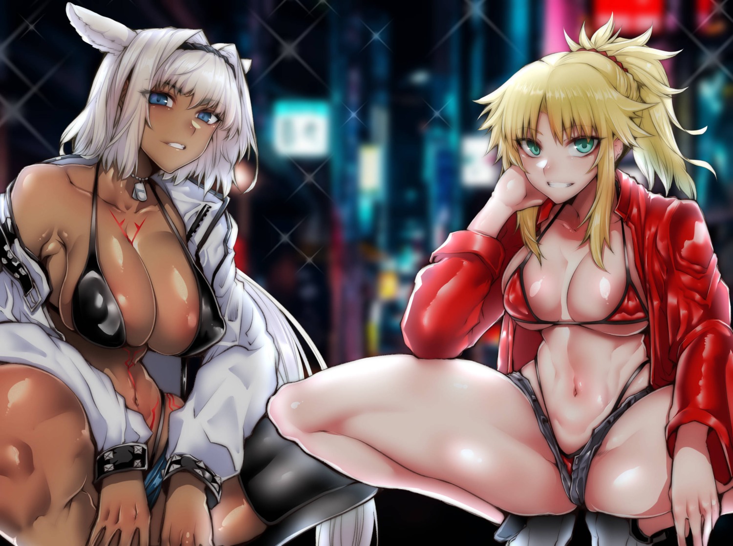 animal_ears areola bikini caenis_(fate/grand_order) erect_nipples fate/apocrypha fate/grand_order fate/stay_night gggg mordred_(fate) open_shirt swimsuits tattoo thighhighs