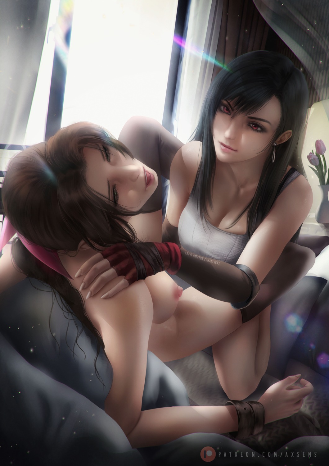 aerith_gainsborough axsens final_fantasy final_fantasy_vii naked nipples thighhighs tifa_lockhart yuri