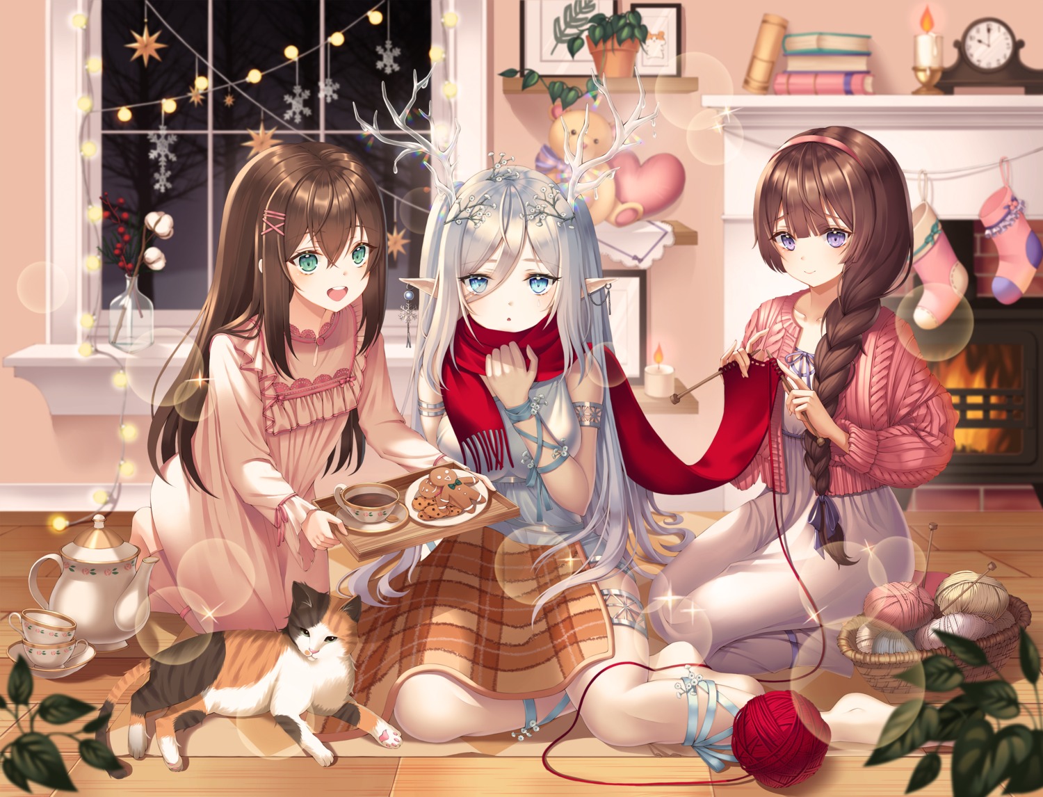 breast_hold christmas dress horns neko now_(nowsicaa_) pointy_ears sweater