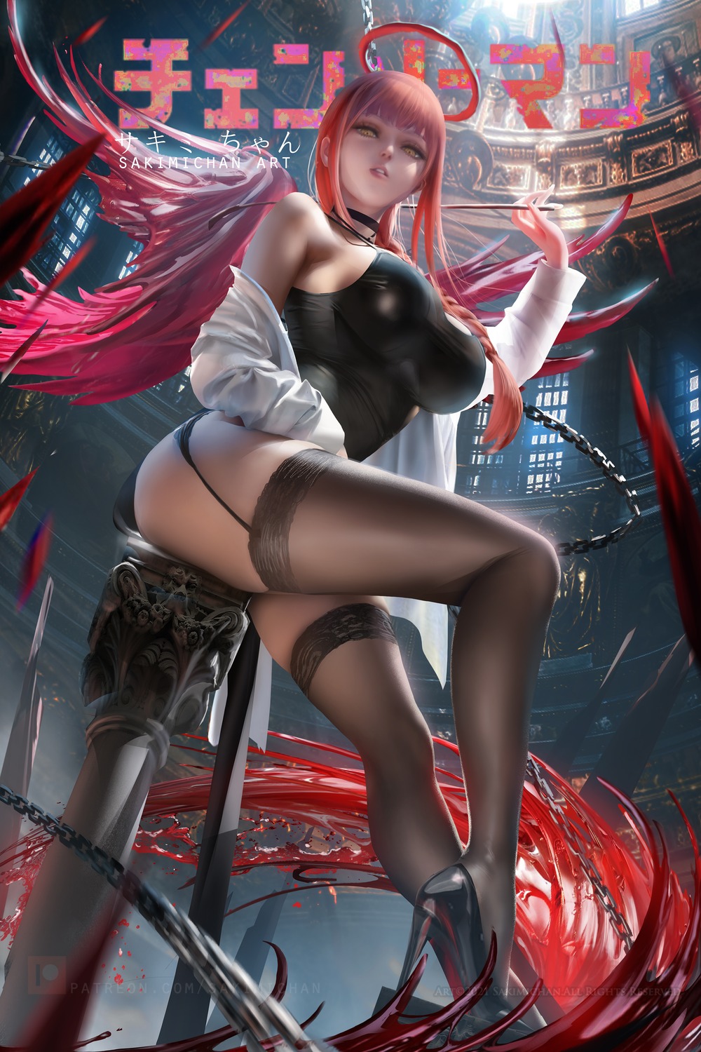 chainsaw_man heels makima_(chainsaw_man) open_shirt sakimichan stockings thighhighs wings