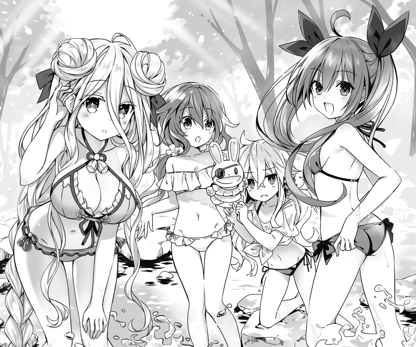 ass bikini cleavage date_a_live eyepatch hoshimiya_mukuro itsuka_kotori monochrome natsumi_(date_a_live) possible_duplicate see_through swimsuits tsubasaki wet wet_clothes yoshino_(date_a_live)