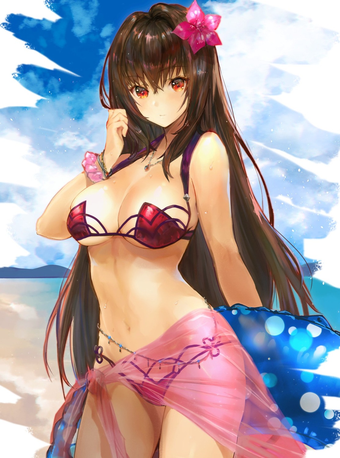 bikini fate/grand_order hitaki_yuu scathach_(fate/grand_order) see_through swimsuits underboob wet