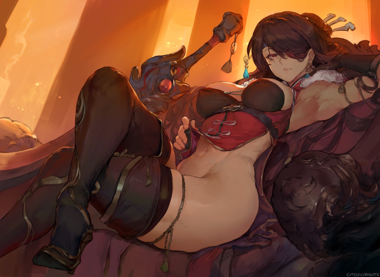 beidou bottomless cutesexyrobutts eyepatch garter genshin_impact heels no_bra sword thighhighs